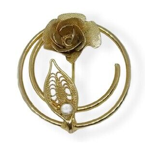 Sarah Coventry Brooch Flower Pin Gold Tone Layered Rose Filigree Leaf Vintage